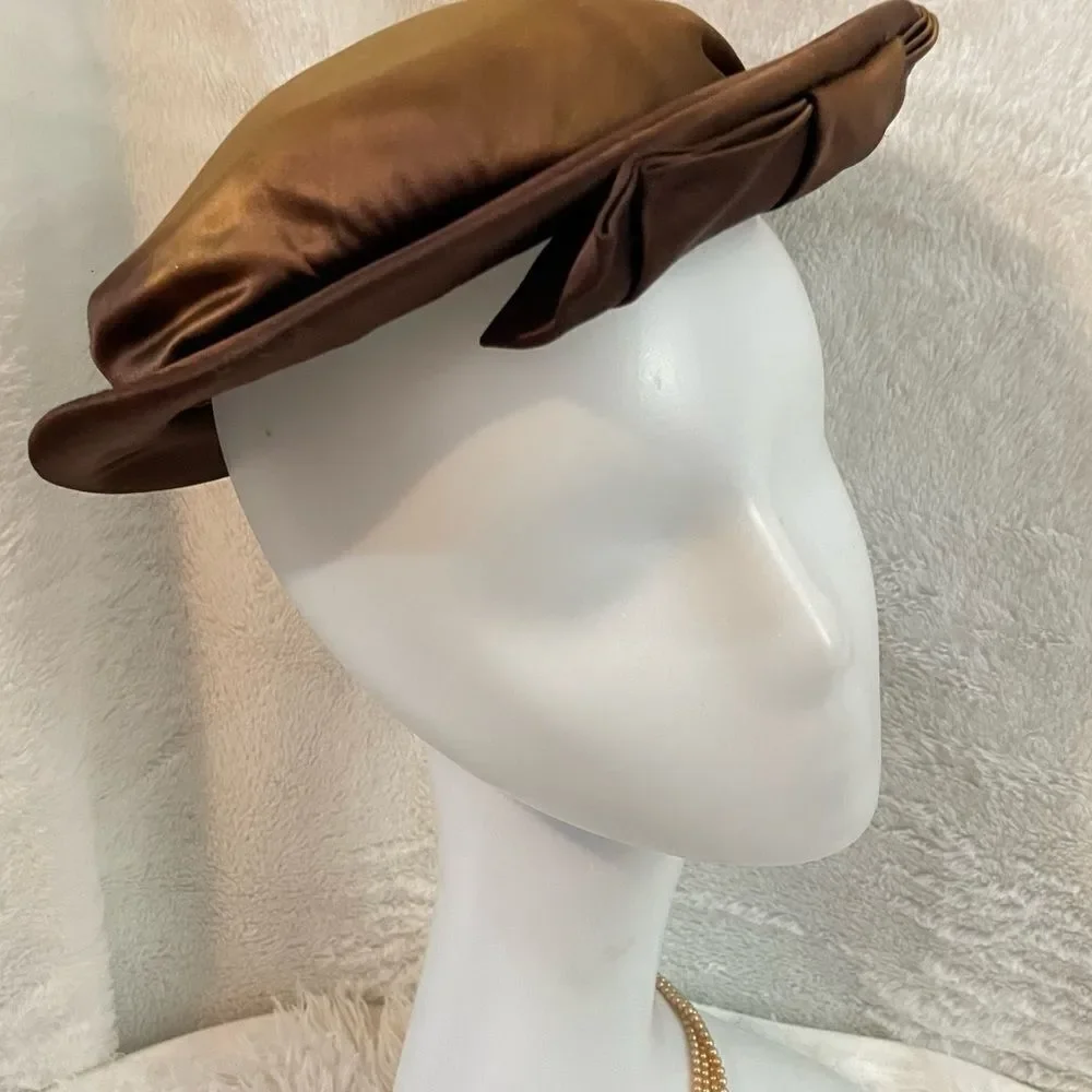 Vintage 1940s Bronze Satin Dish Hat with Golden Cloisonné Hat Pin - Picture 3 of 12